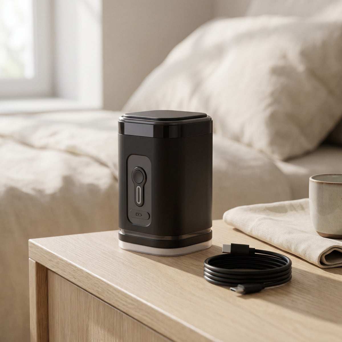 Bomba SUCTO One en una mesilla con su cable USB-C